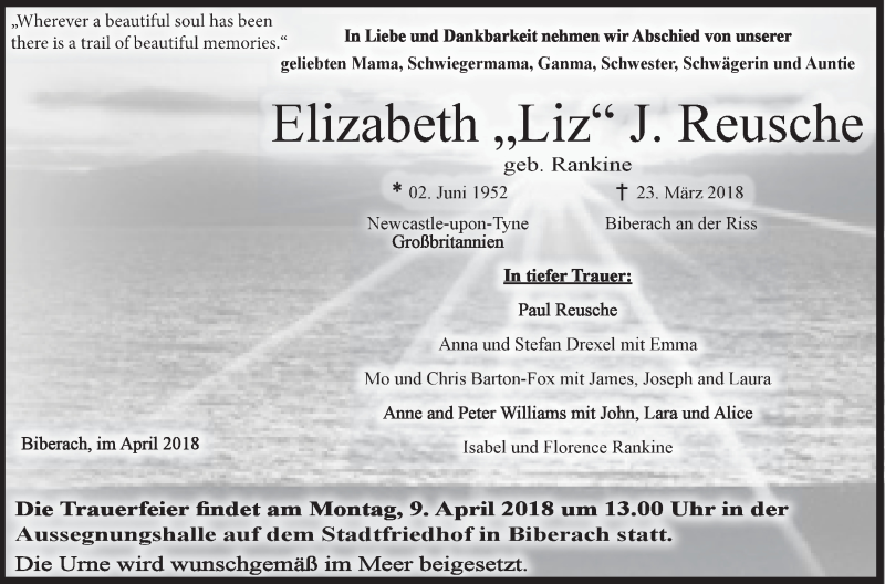  Traueranzeige für Elizabeth Liz J. Reusche vom 06.04.2018 aus Schwäbische Zeitung