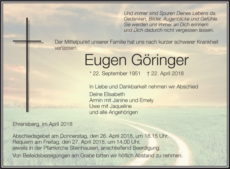  Traueranzeige für Eugen Göringer vom 25.04.2018 aus Schwäbische Zeitung