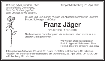 Anzeige von Franz Jäger von Schwäbische Zeitung