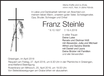 Anzeige von Franz Steinle von Schwäbische Zeitung