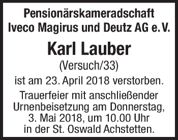 Anzeige von Karl Lauber von Schwäbische Zeitung