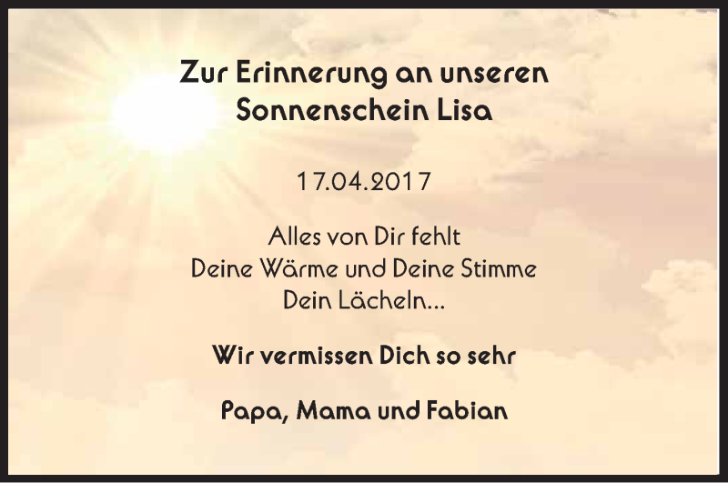  Traueranzeige für Lisa Eisele vom 17.04.2018 aus Schwäbische Zeitung