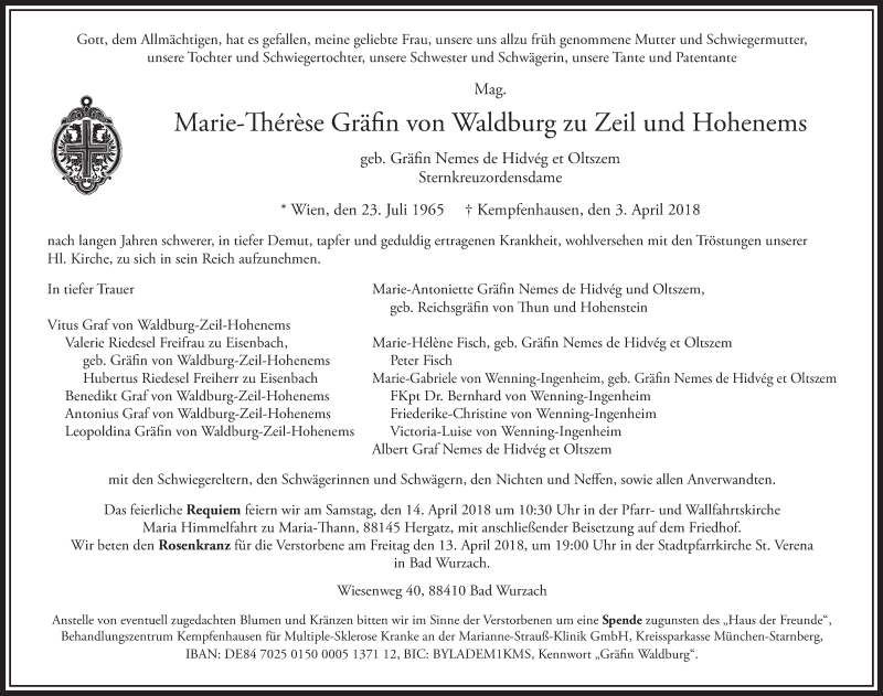  Traueranzeige für Marie-Therese Gräfin von Waldburg zu Zeil und Hohenems vom 10.04.2018 aus Schwäbische Zeitung