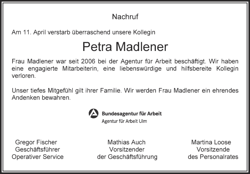  Traueranzeige für Petra Madlener vom 16.04.2018 aus Schwäbische Zeitung