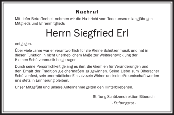 Anzeige von Siegfried Erl von Schwäbische Zeitung