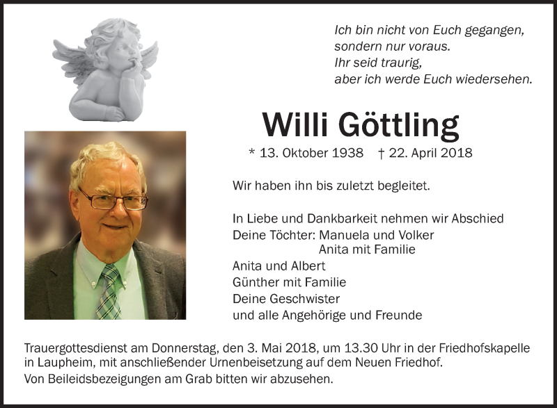  Traueranzeige für Willi Göttling vom 28.04.2018 aus Schwäbische Zeitung