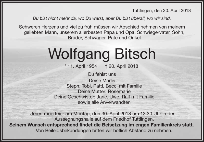  Traueranzeige für Wolfgang Bitsch vom 25.04.2018 aus Schwäbische Zeitung