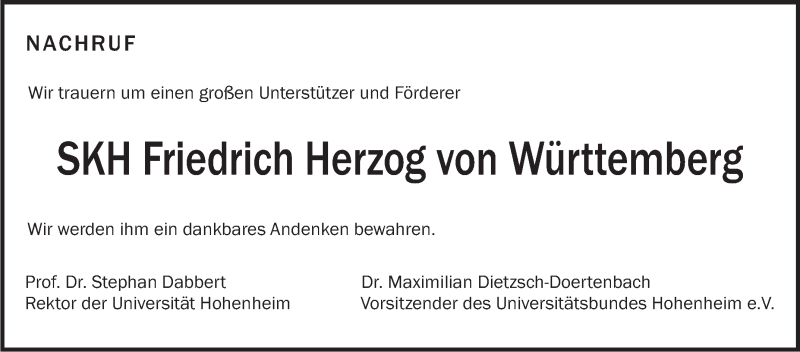 Traueranzeige für Friedrich Herzog von Württemberg vom 12.05.2018 aus 