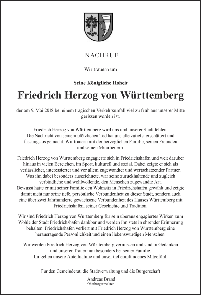  Traueranzeige für Friedrich Herzog von Württemberg vom 15.05.2018 aus 