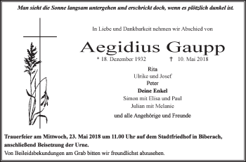 Anzeige von Aegidius Gaupp von Schwäbische Zeitung