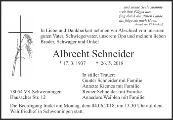 Anzeige von Albrecht Schneider von Schwäbische Zeitung