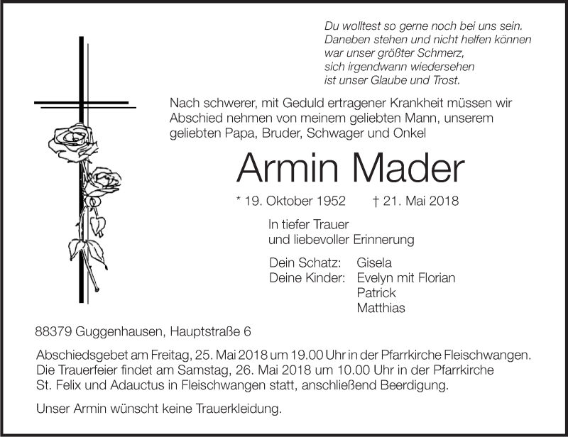  Traueranzeige für Armin Mader vom 24.05.2018 aus Schwäbische Zeitung