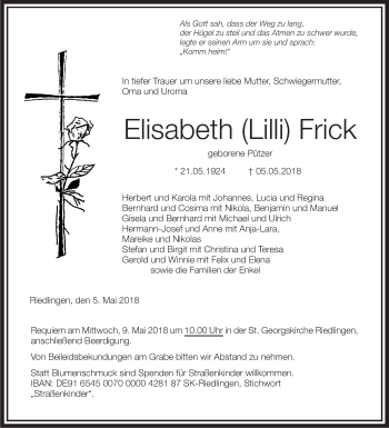 Anzeige von Elisabeth Frick von Schwäbische Zeitung