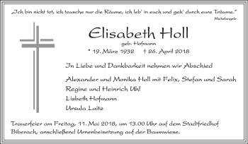 Anzeige von Elisabeth Holl von Schwäbische Zeitung