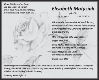 Anzeige von Elisabeth Matysiak von Schwäbische Zeitung