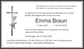 Anzeige von Emma Braun von Schwäbische Zeitung