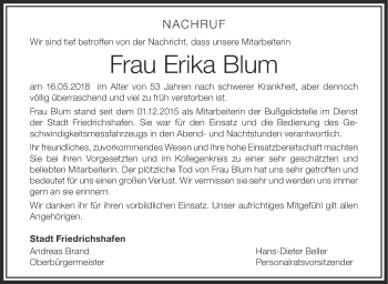 Anzeige von Erika Blum von Schwäbische Zeitung