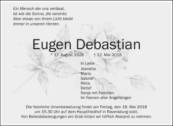 Anzeige von Eugen Debastian von Schwäbische Zeitung