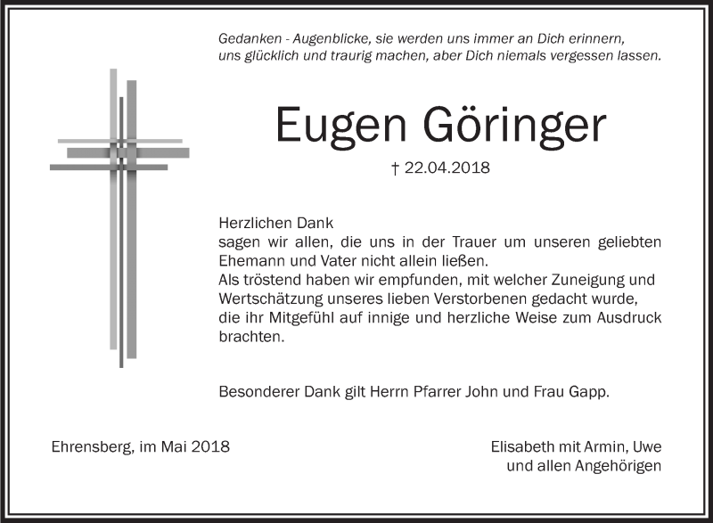  Traueranzeige für Eugen Göringer vom 05.05.2018 aus Schwäbische Zeitung