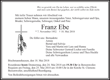 Anzeige von Franz Ebe von Schwäbische Zeitung