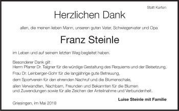 Anzeige von Franz Steinle von Schwäbische Zeitung