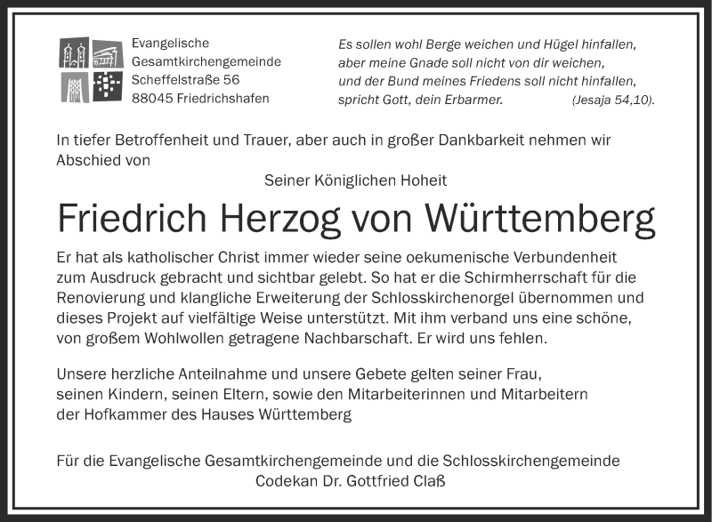  Traueranzeige für Friedrich Herzog von Württemberg vom 15.05.2018 aus Schwäbische Zeitung