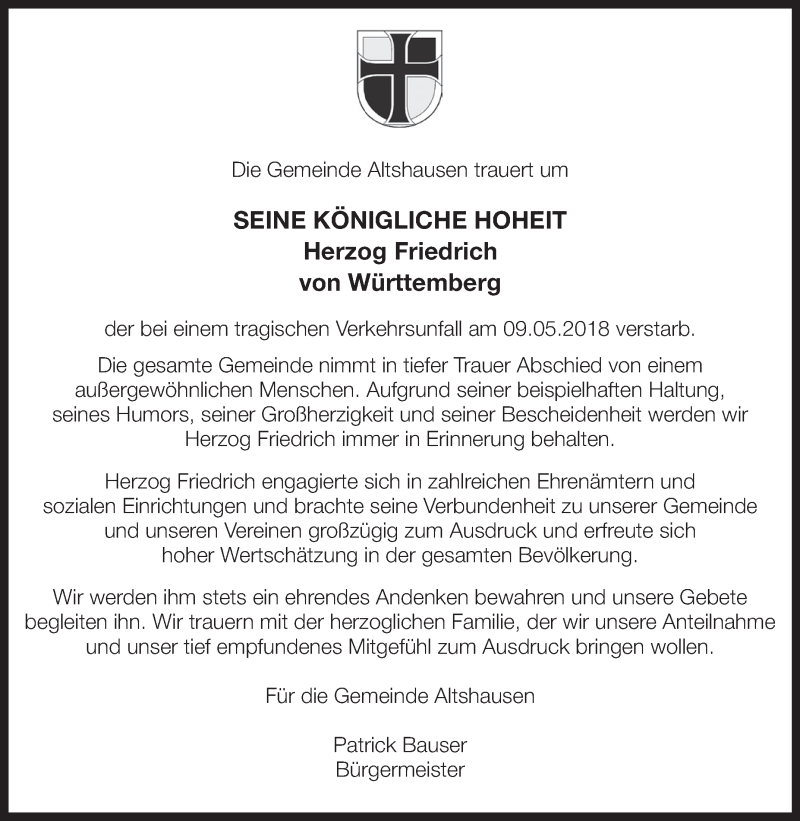  Traueranzeige für Friedrich Herzog von Württemberg vom 16.05.2018 aus Schwäbische Zeitung