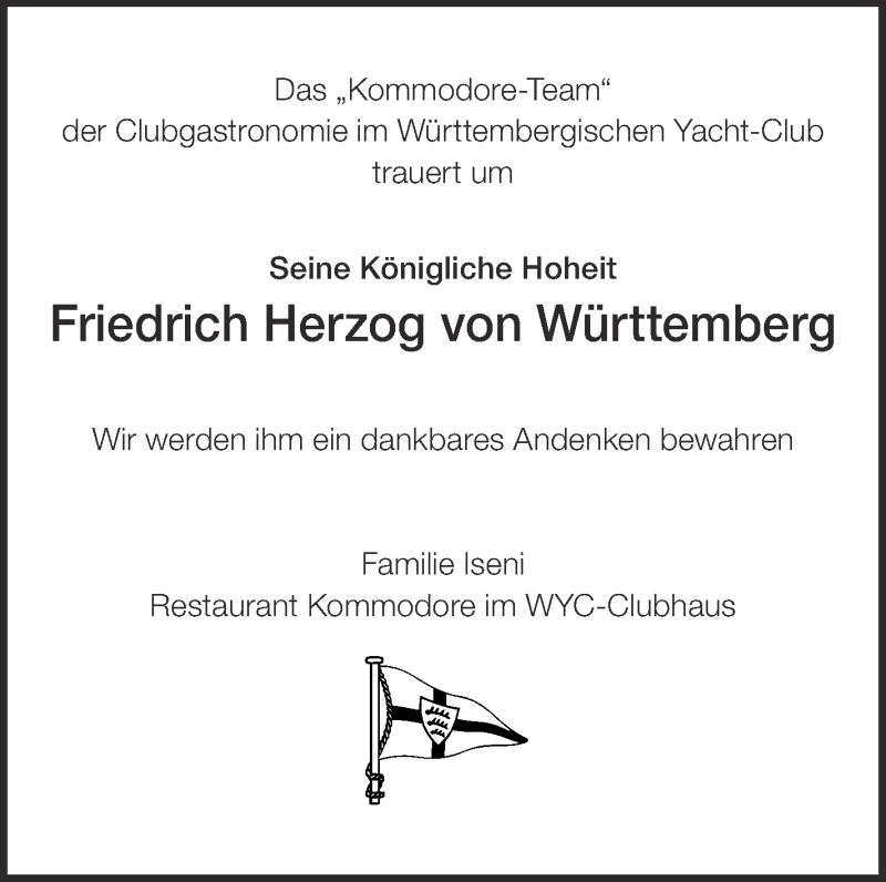  Traueranzeige für Friedrich Herzog von Württemberg vom 16.05.2018 aus Schwäbische Zeitung