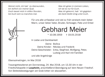 Anzeige von Gebhard Meier von Schwäbische Zeitung
