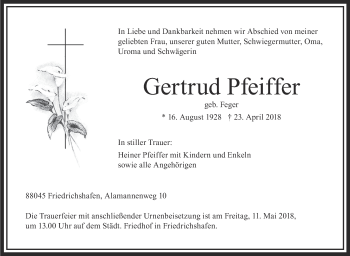 Anzeige von Gertrud Pfeiffer von Schwäbische Zeitung