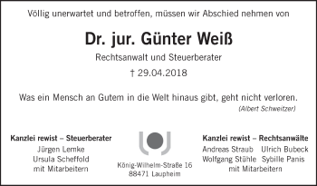 Anzeige von Günther Weiß von Schwäbische Zeitung