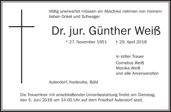 Anzeige von Günther Weiß von Schwäbische Zeitung