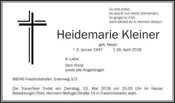 Anzeige von Heidemarie Kleiner von Schwäbische Zeitung