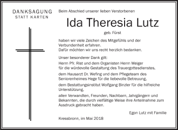Anzeige von Ida Theresia Lutz von Schwäbische Zeitung
