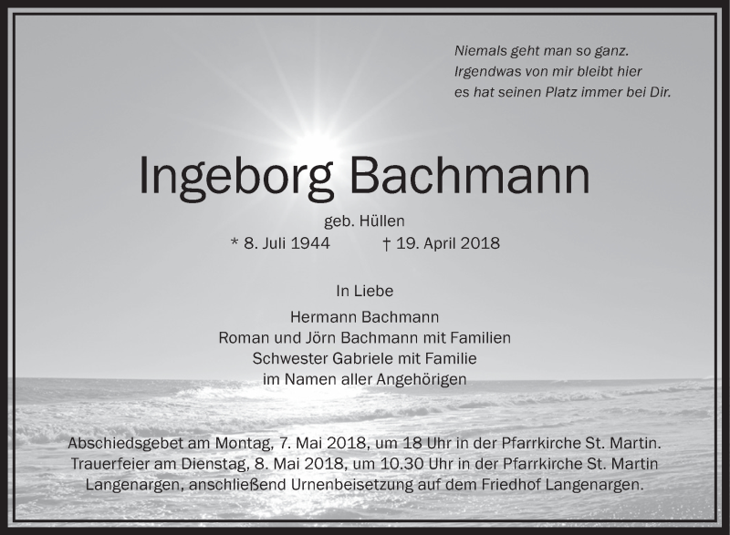  Traueranzeige für Ingeborg Bachmann vom 04.05.2018 aus Schwäbische Zeitung