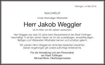 Anzeige von Jakob Weggler von Schwäbische Zeitung