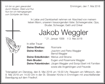 Anzeige von Jakob Weggler von Schwäbische Zeitung