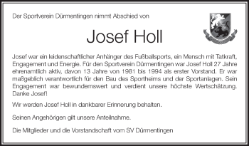 Anzeige von Josef Holl von Schwäbische Zeitung