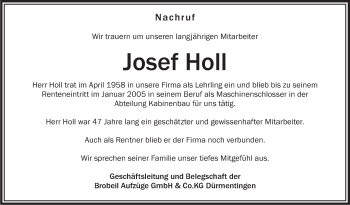 Anzeige von Josef Holl von Schwäbische Zeitung