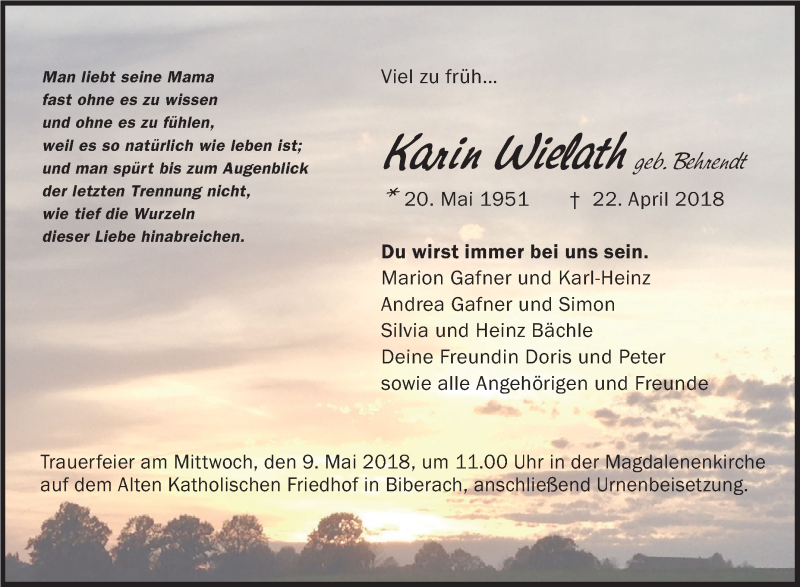  Traueranzeige für Karin Wielath vom 05.05.2018 aus Schwäbische Zeitung
