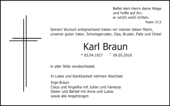 Anzeige von Karl Braun von Schwäbische Zeitung
