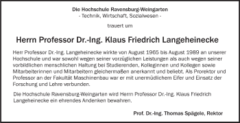 Anzeige von Klaus Friedrich Langeheinecke von Schwäbische Zeitung