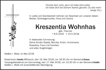 Anzeige von Kreszentia Wohnhas von Schwäbische Zeitung