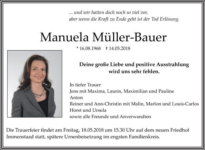 Traueranzeige für Manuela Müller-Bauer vom 16.05.2018 aus Schwäbische Zeitung