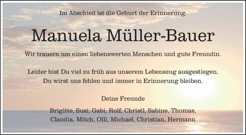  Traueranzeige für Manuela Müller-Bauer vom 18.05.2018 aus Schwäbische Zeitung