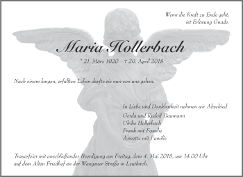 Anzeige von Maria Hollerbach von Schwäbische Zeitung