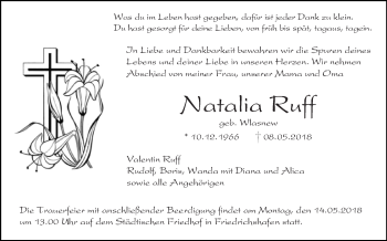 Anzeige von Natalia Ruff von Schwäbische Zeitung