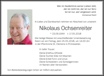 Anzeige von Nikolaus Ochsenreiter von Schwäbische Zeitung