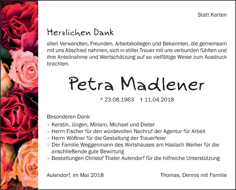  Traueranzeige für Petra Madlener vom 12.05.2018 aus Schwäbische Zeitung