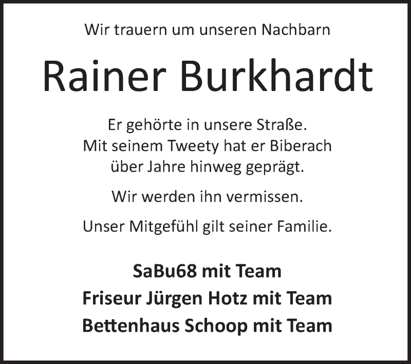  Traueranzeige für Rainer Burkhardt vom 19.05.2018 aus Schwäbische Zeitung